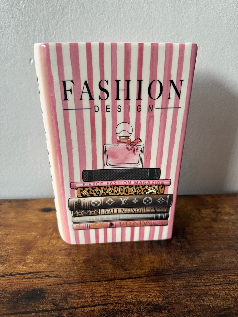 Pink & White Striped Decorative Ceramic Vase Book Style w/ Luxury Book Stack NEW